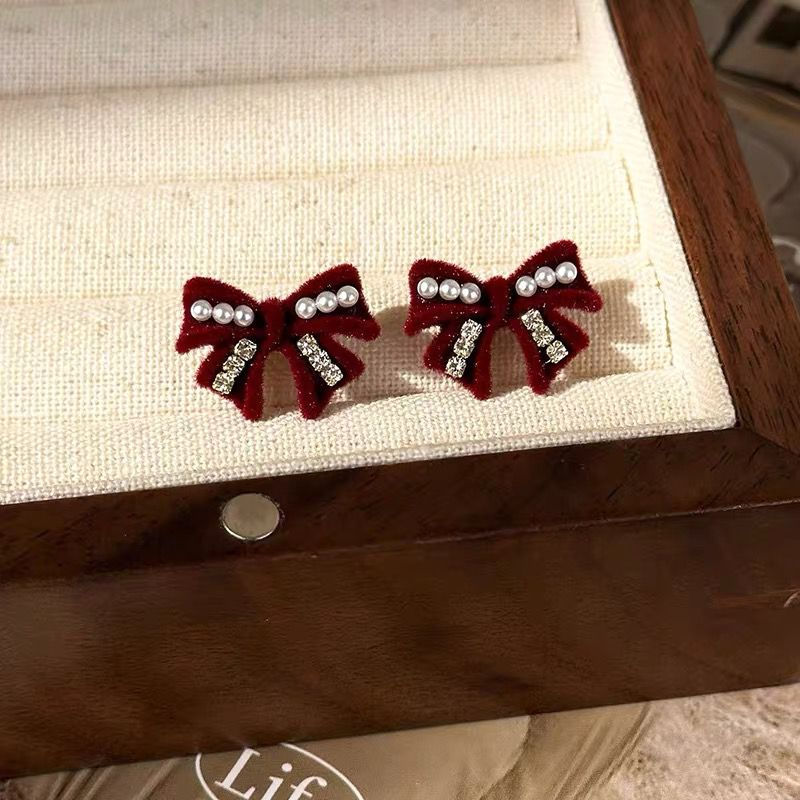Deep Red Crystal & Pearl Bow Earrings