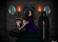 A dark fantasy throne room scene featuring a queen in a jeweled crown and long purple gown, sitting on a stone throne with a black tiger beside her. Two glowing mirrors and torches illuminate the stone walls. To her right stands a cloaked man in black, holding a large sword pointed downward, his head bowed in a solemn or submissive pose.