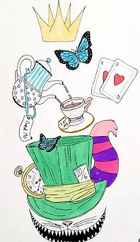 A whimsical drawing featuring symbols from Alice in Wonderland: a gold crown, a blue butterfly, two playing cards (hearts), a polka-dotted teapot pouring tea into a cup, the striped tail of the Cheshire Cat, and a large green Mad Hatter’s hat with a card tucked into its band. The illustration is colorful with a playful, fantasy theme.
