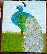 Colorful painting of a peacock standing on grass, showing blue and green feathers with an ornate tail.
