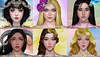 "A collage of six digitally illustrated women, each styled as a Disney princess merged with a zodiac sign. Top row: Libra as Snow White with short black hair, a jeweled crown, and red lips; Scorpio as Rapunzel with long golden hair, purple flowers woven in; Sagittarius as Mulan with sleek black hair, a jeweled headband, and a serious gaze. Bottom row: Capricorn as Pocahontas with dark hair, silver ram horns, and turquoise jewelry; Aquarius as Belle with brown curls, a delicate tiara, and a calm expression; Pisces as Aurora with wavy golden hair, soft blue eyes, and a dreamy background.