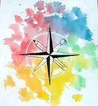 Watercolor artwork featuring a black compass star over a rainbow-colored splash background.