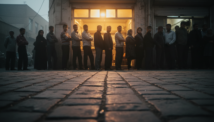 Low-angle view of people waiting outside a bakery at dusk