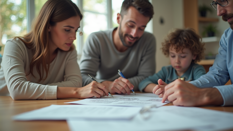 Eye-level view of a family sitting around a table reviewing financial documents