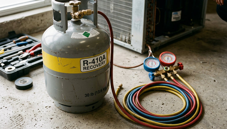 Close-up view of a recovery cylinder beside manifold gauges and service hoses