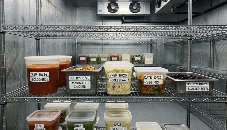 Eye-level view of labeled food containers arranged on open refrigerator shelves.