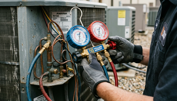 Close-up of a refrigeration pressure gauge connected to service hoses