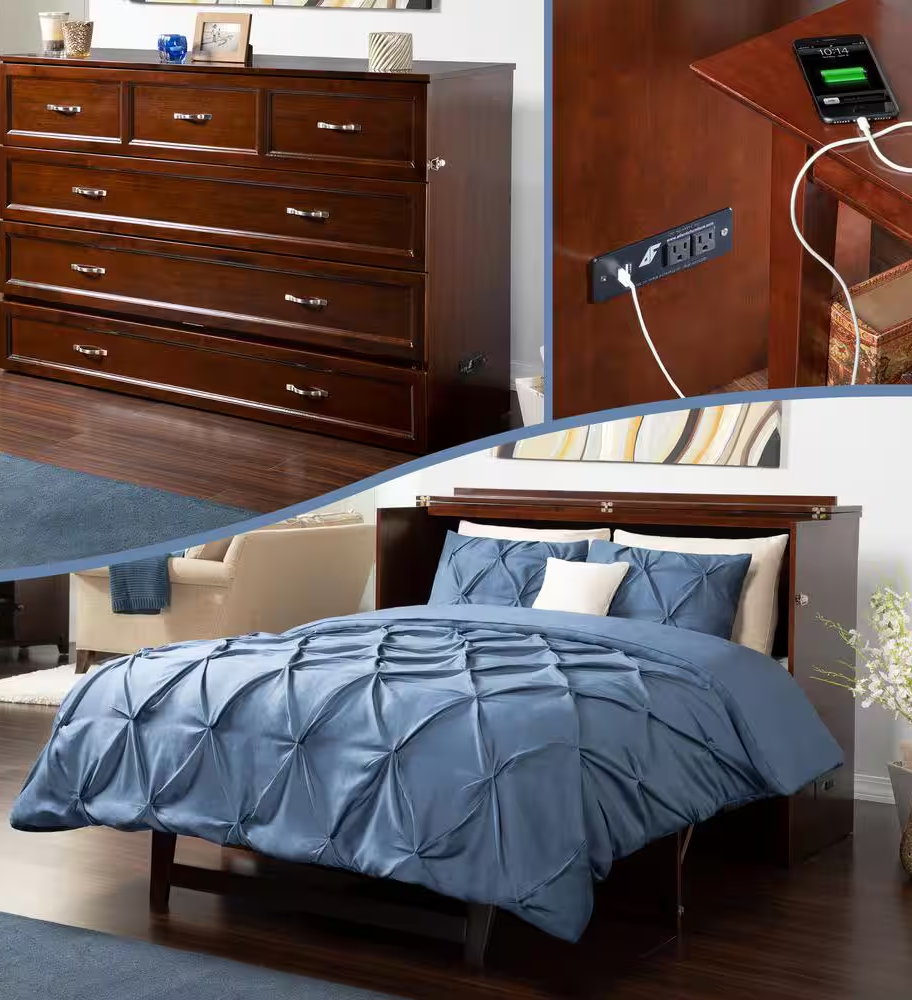 Deerfield Walnut Brown Wood Frame Queen Murphy Bed Chest with 6 In. Mattress, St