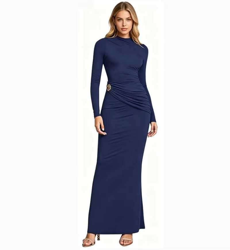 New Fashion Pure Color round Neck Metal Decoration Long Sleeve Bodycon Dress Wom