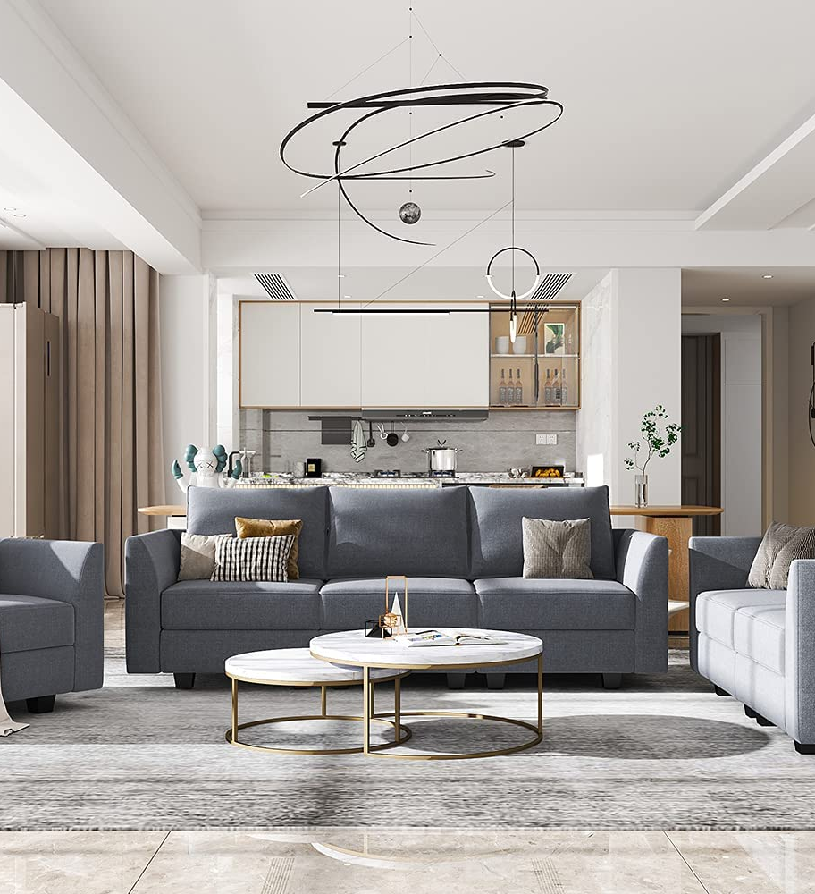 Modern 3-piece sofa set consists of 3-seat sofa loveseat and armchair, perfect for contemporary living rooms while providing