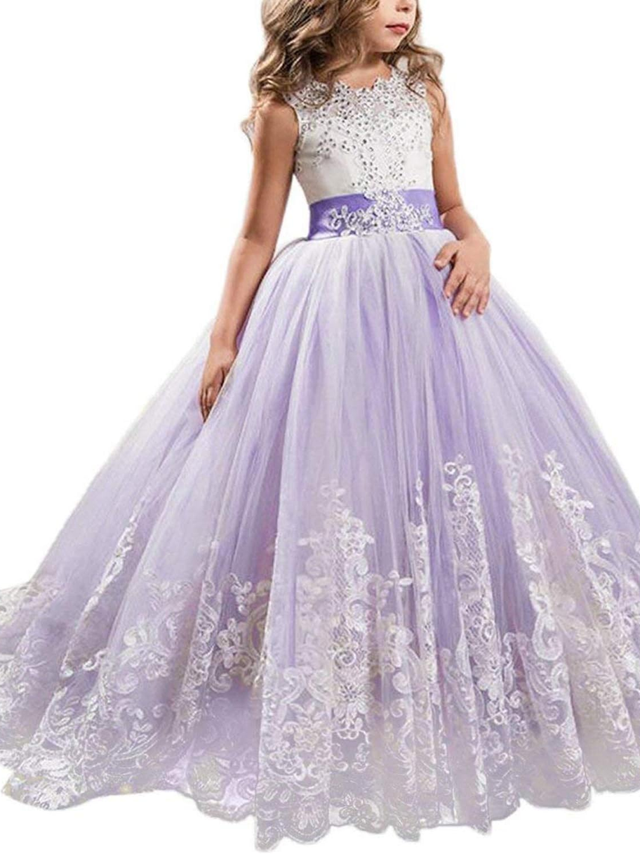 Girls Embroidery Princess Dress Wedding Birthday Party Long Tail Prom Gowns
