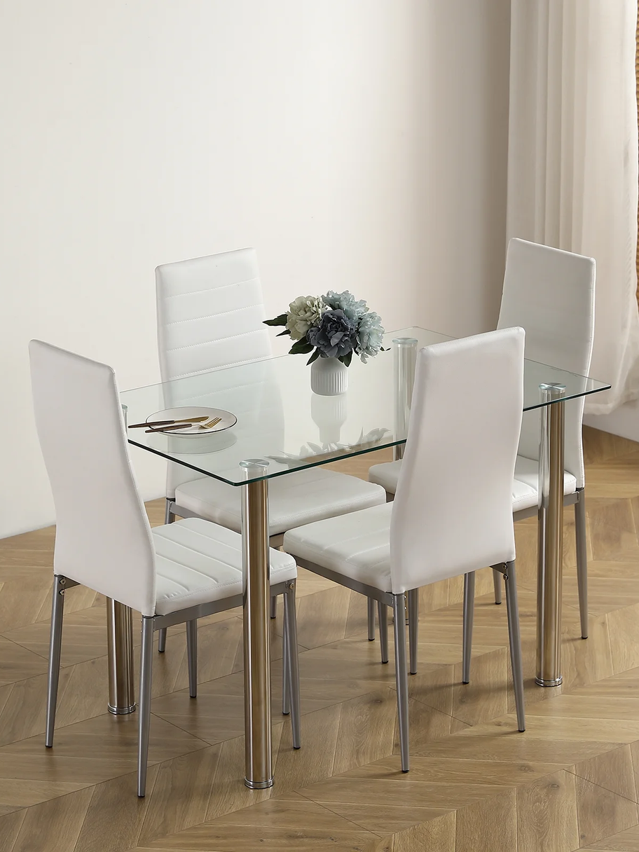 he Ktaxon 5-Piece Glass Dining Set, featuring a 43.3-inch tempered glass table and four plush PU-padded chairs in a sleek whi