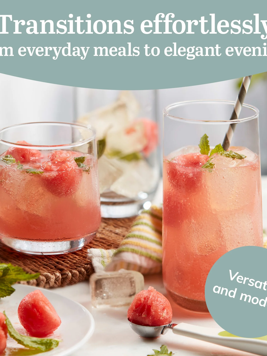 This comprehensive table glasses for drinking set with 8 exquisite 16 Oz tumbler glasses and 8 refined 13.3 Oz rocks glasses