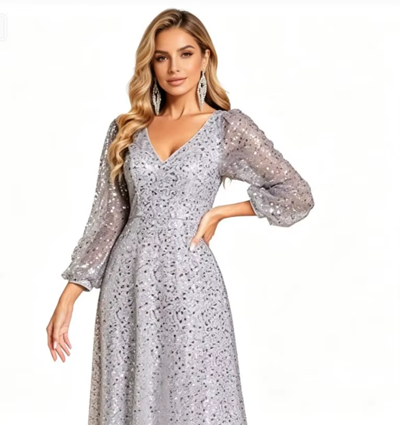New Elegant A-Line Prom Dresses Wedding Guest Evening Dress Sexy Long Sleeve V N