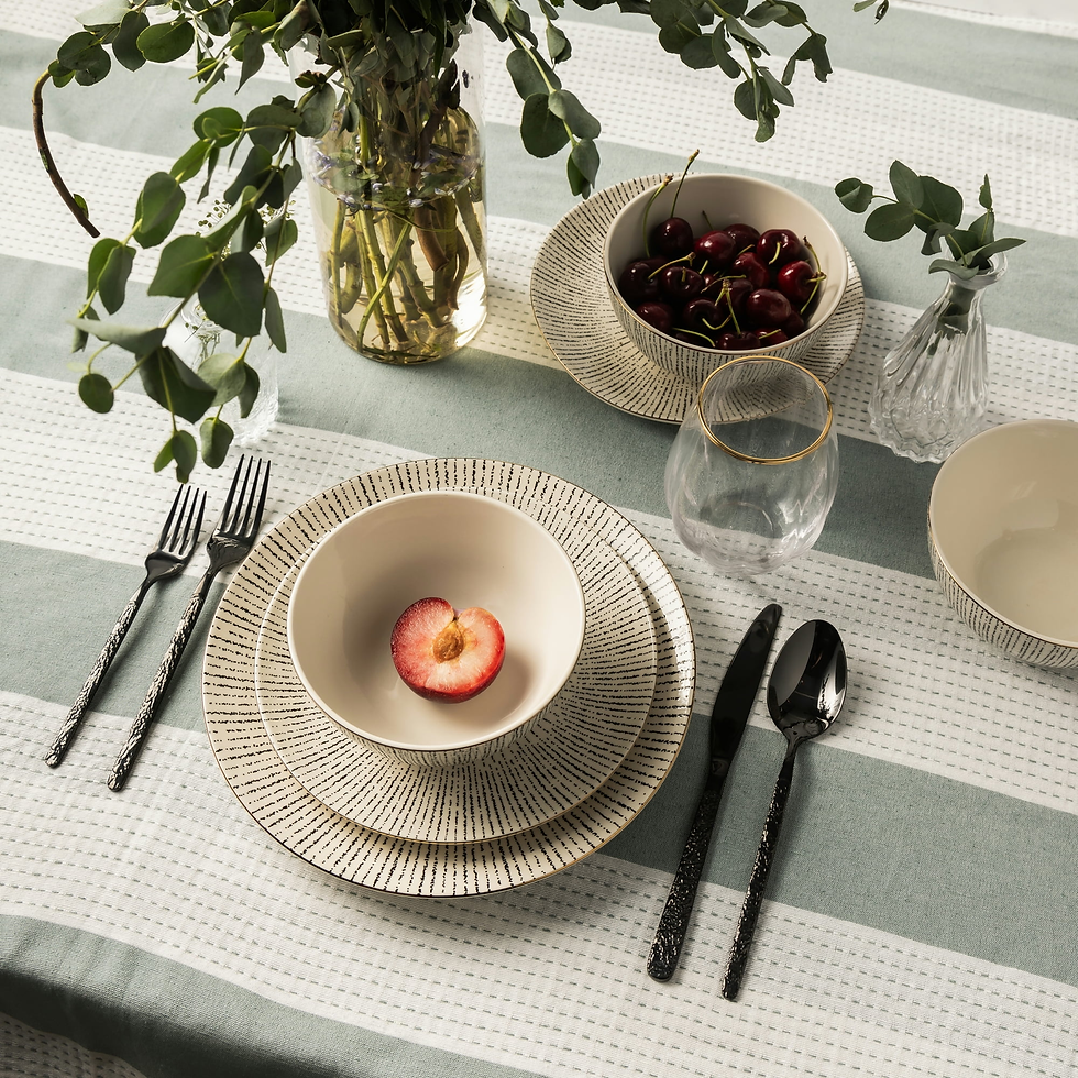 Bring texture and character to your table with the Thyme & Table Riley 12-Piece Dinnerware Set. Featuring a hand-drawn black