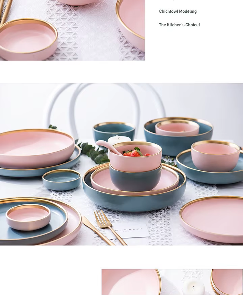 Ceramic Pink Color Dinnerware Sets Ceramic Tableware with Gold Ring