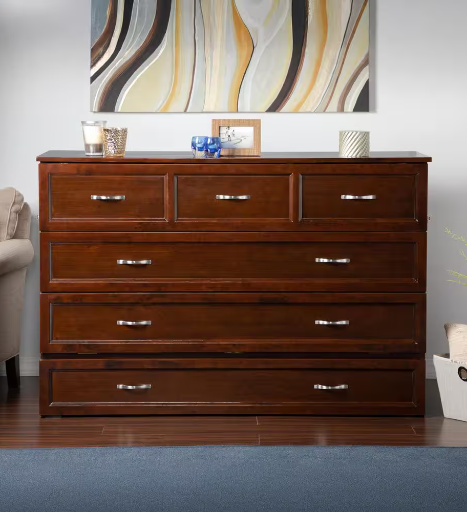 Deerfield Walnut Brown Wood Frame Queen Murphy Bed Chest with 6 In. Mattress, St