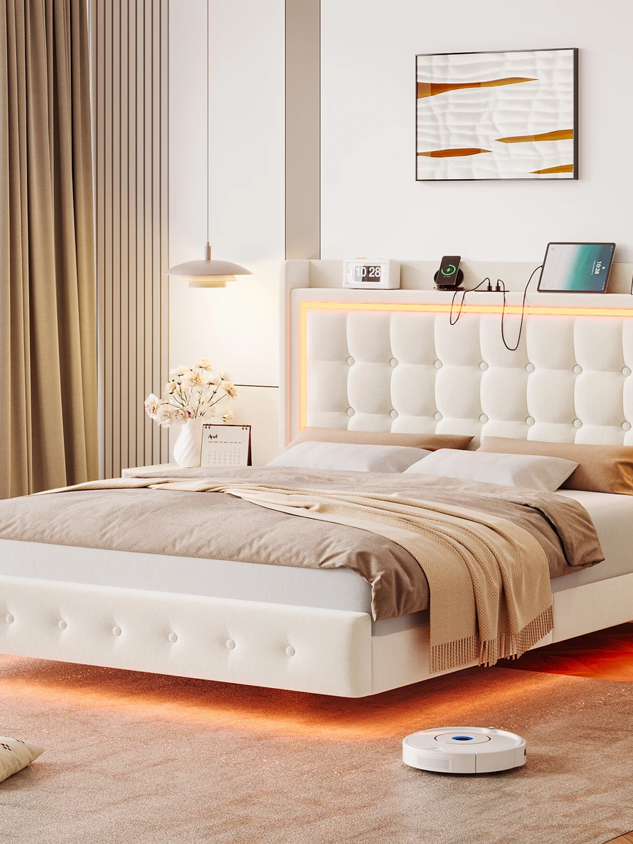 Full Size Floating Bed with RGB LED Lights Charging Station, Velvet Upholstered