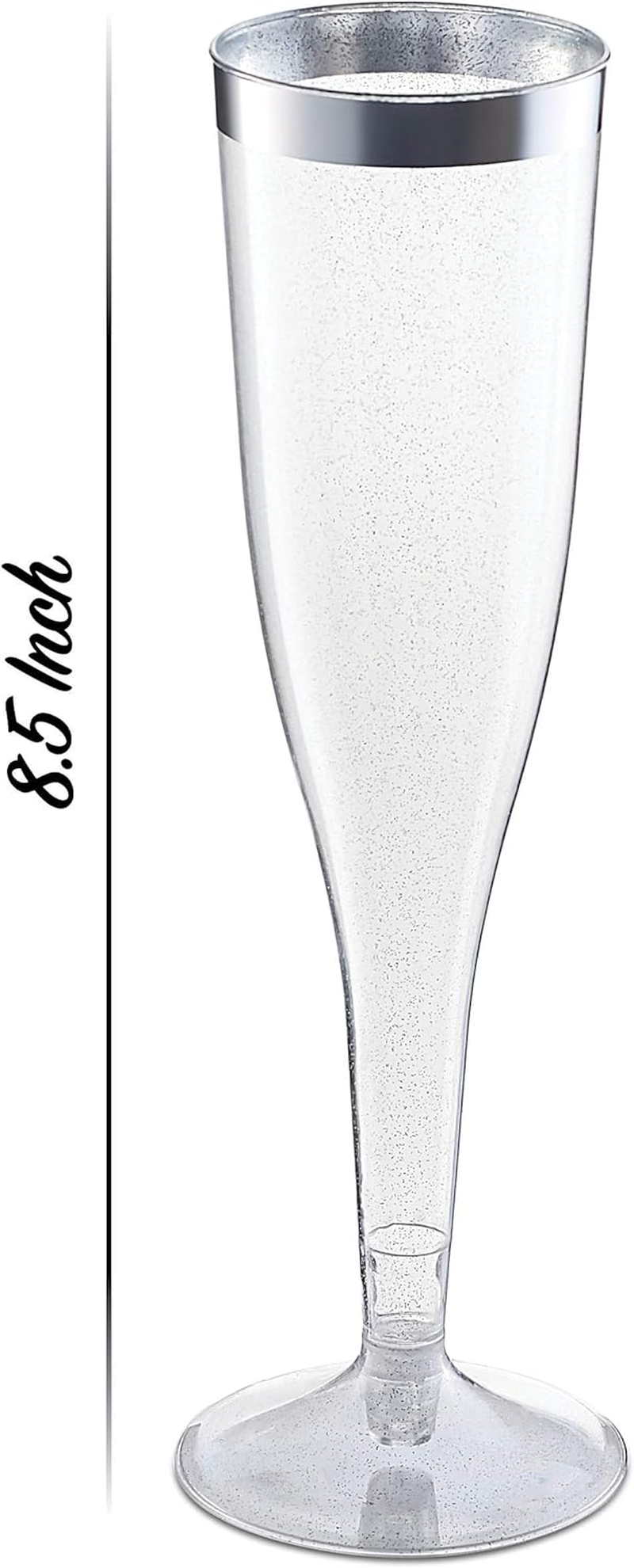 Plastic Champagne Flutes Disposable - Silver Glitter with a Silver Rim - [1 Box