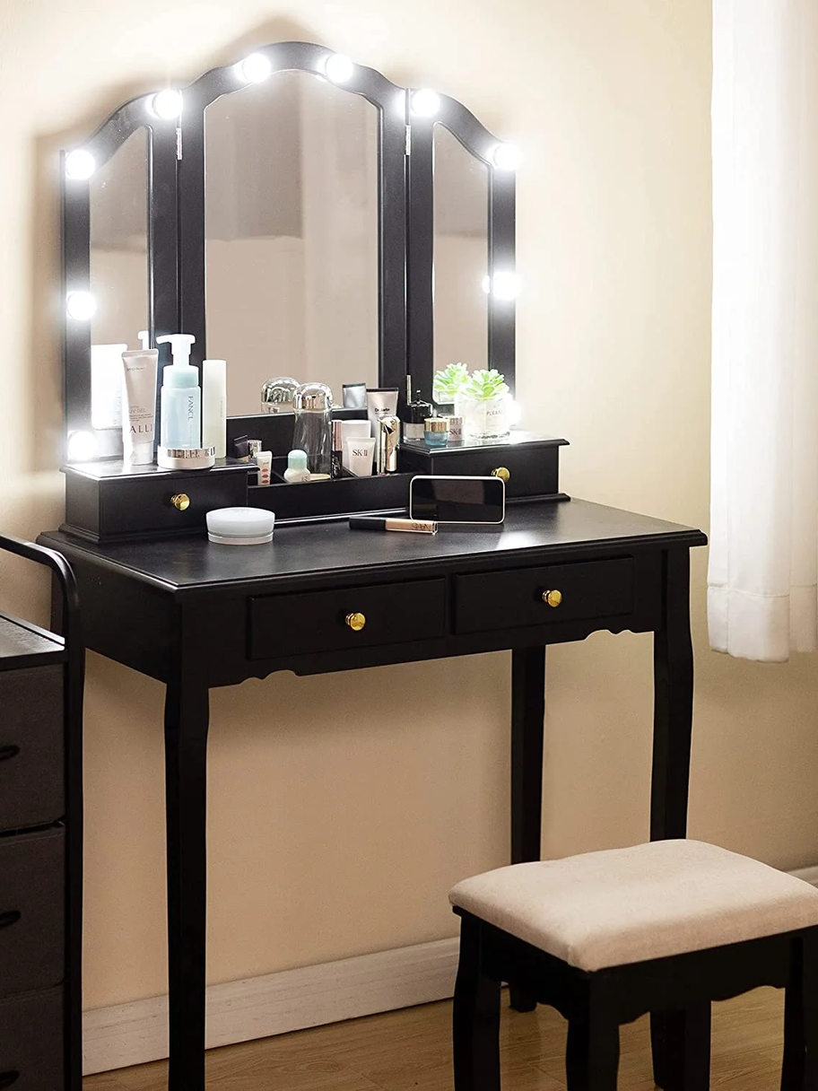 Vanity, Tri-Fold Makeup Vanity with Mirror, Lights and Padded Vanity Stool, Vint