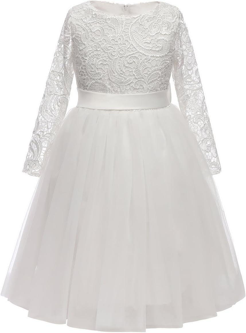 Flower Girl Dress Long Sleeves Lace Top Tulle Skirt Girls Lace Party Dresses