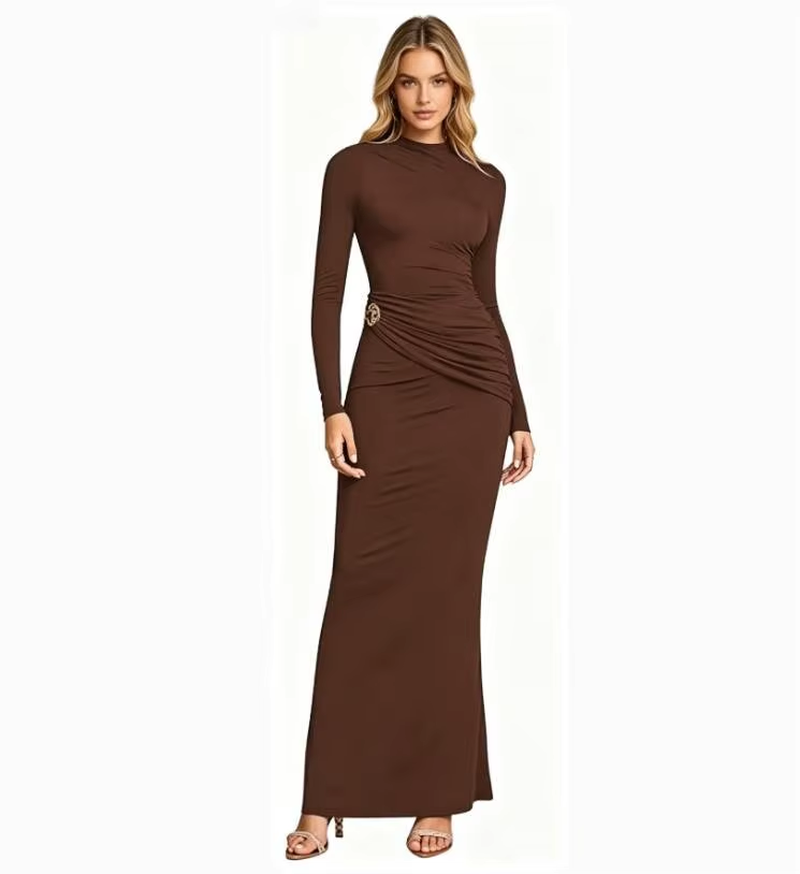 New Fashion Pure Color round Neck Metal Decoration Long Sleeve Bodycon Dress Wom