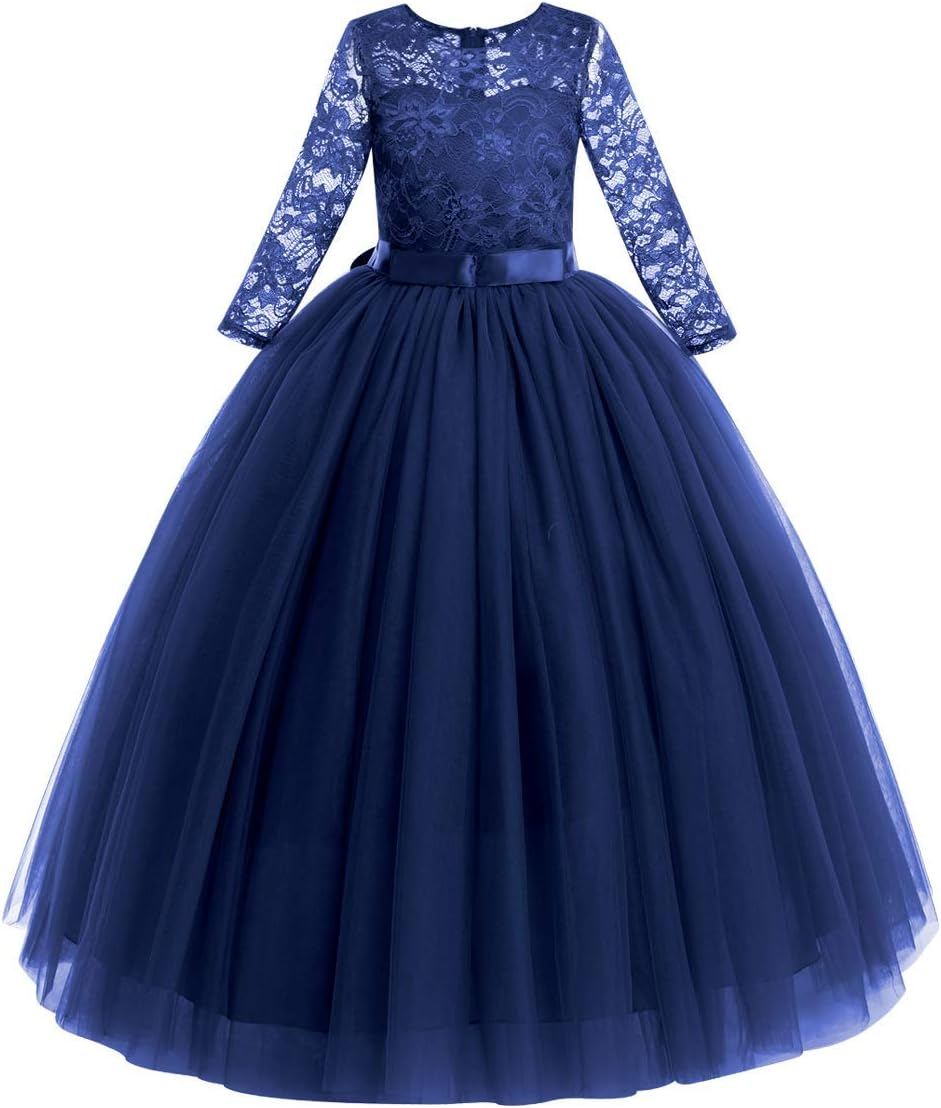 Girls Formal Party Dress Sweetheart Neck Lace 3/4 sleeve Full Length Princess Maxi Gown