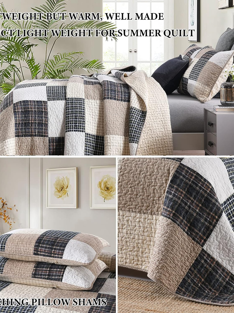 Quilt 100% Cotton King Size Quilt Set, Brown Khaki Black White Patchwork Plaid B