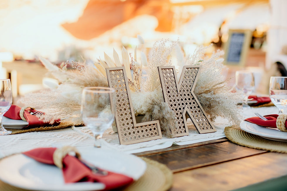 Decoration at the dining table of a wedding catered by Masterpiece Cuisine.