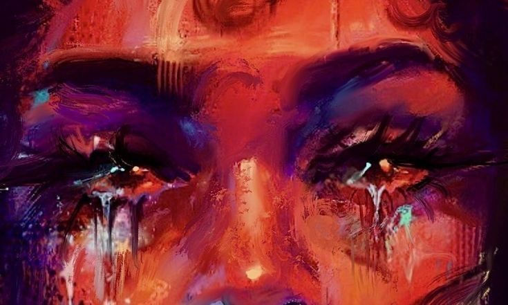 Abstract art of a face with vibrant reds and purples, depicting emotional teary eyes. The vivid colors create a dramatic mood.