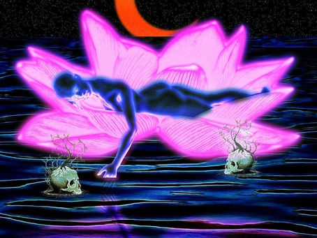 A figure floats on a glowing pink lotus over dark water, flanked by skulls with vines. A red crescent moon lights the starry night.