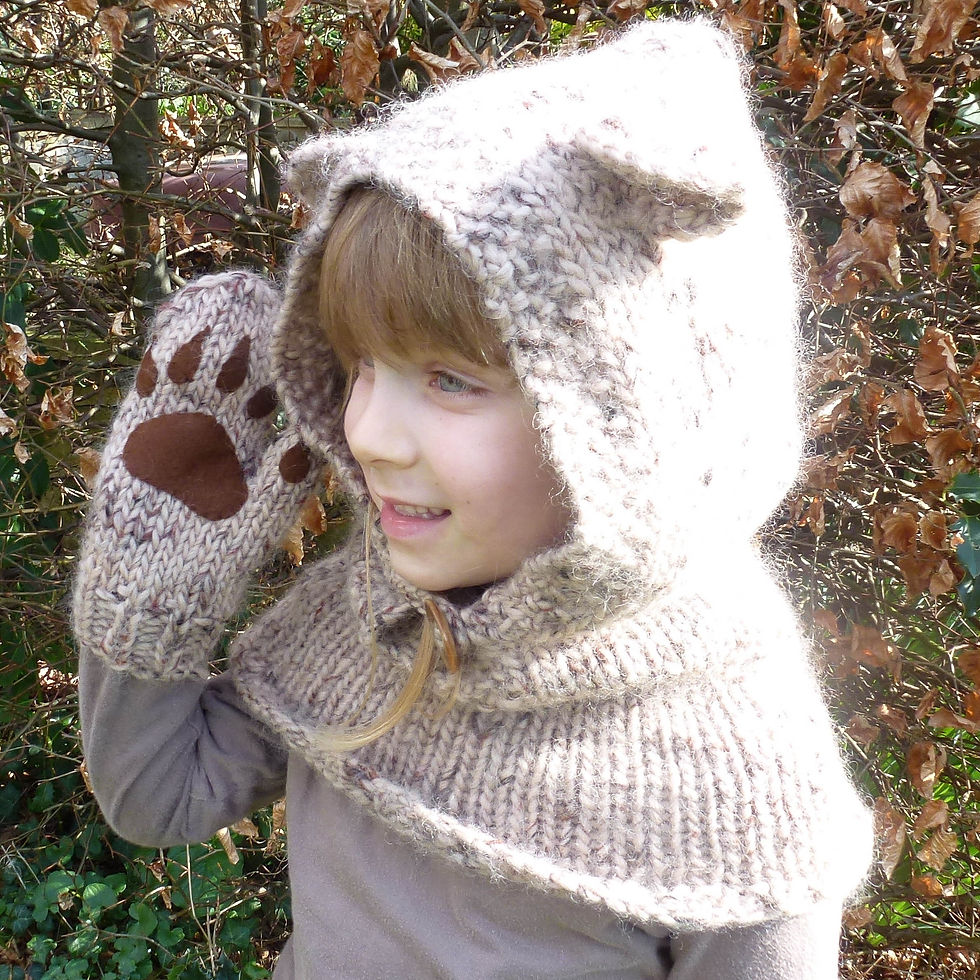 Thumbnail: Knitting Pattern Bear Hood/Cowl plus Mitten Paws. Sizes baby, child, adult