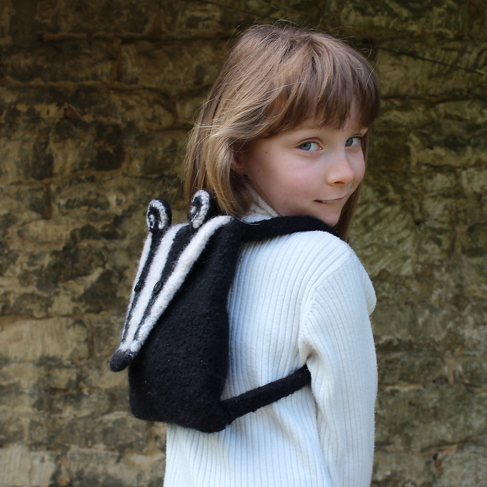 Thumbnail: KNITTING PATTERN: Boris Badger - knitted and felted badger bag, child backpac