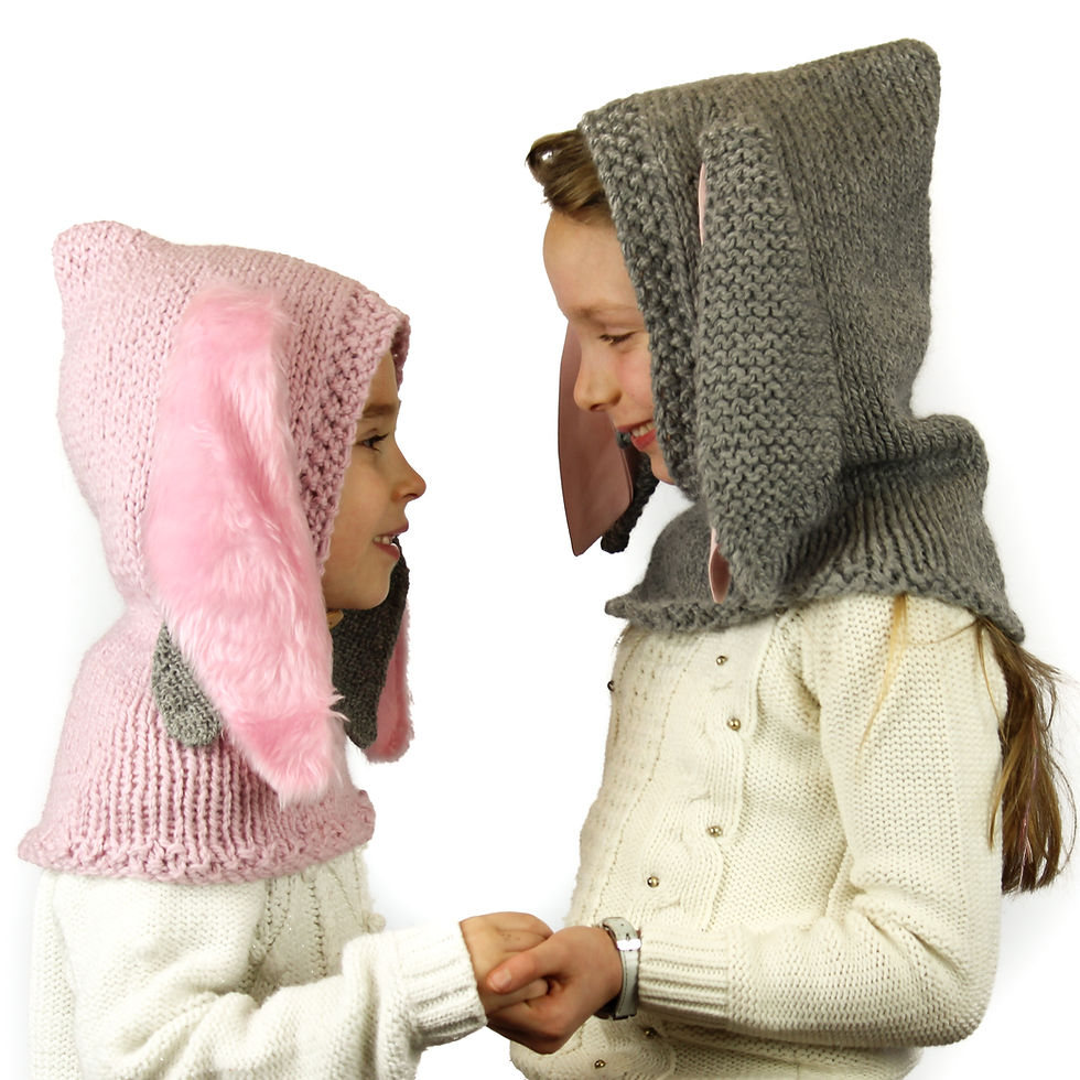 Thumbnail: Knitting Pattern Rebecca Rabbit Hood/Cowl. Size baby child adult