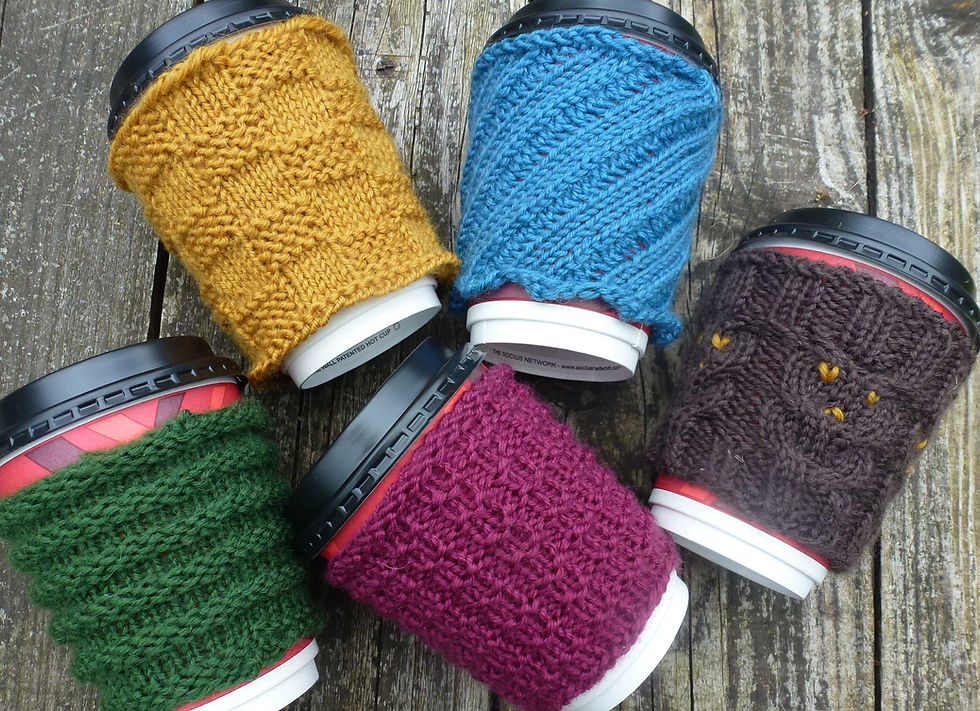 Thumbnail: KNITTING PATTERN: 5 Cozies to fit coffee cup. Learn knitting in the round