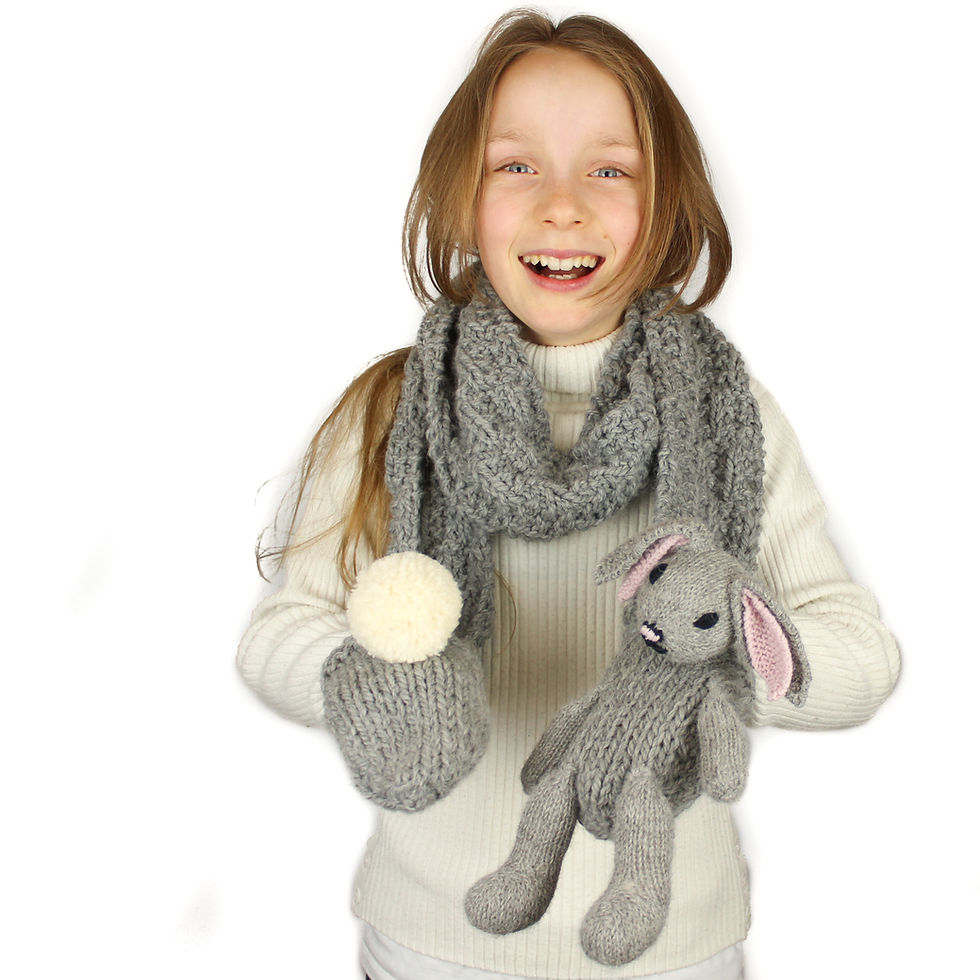 Thumbnail: Knitting Pattern: Rebecca Rabbit Scarf with pockets and bunny rabbit toy