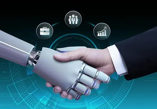 Човек и AI, които се ръкостискат
