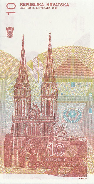 10 Dinara (Croatia,1991)-Reverse: Depicts the Zagreb Cathedral.