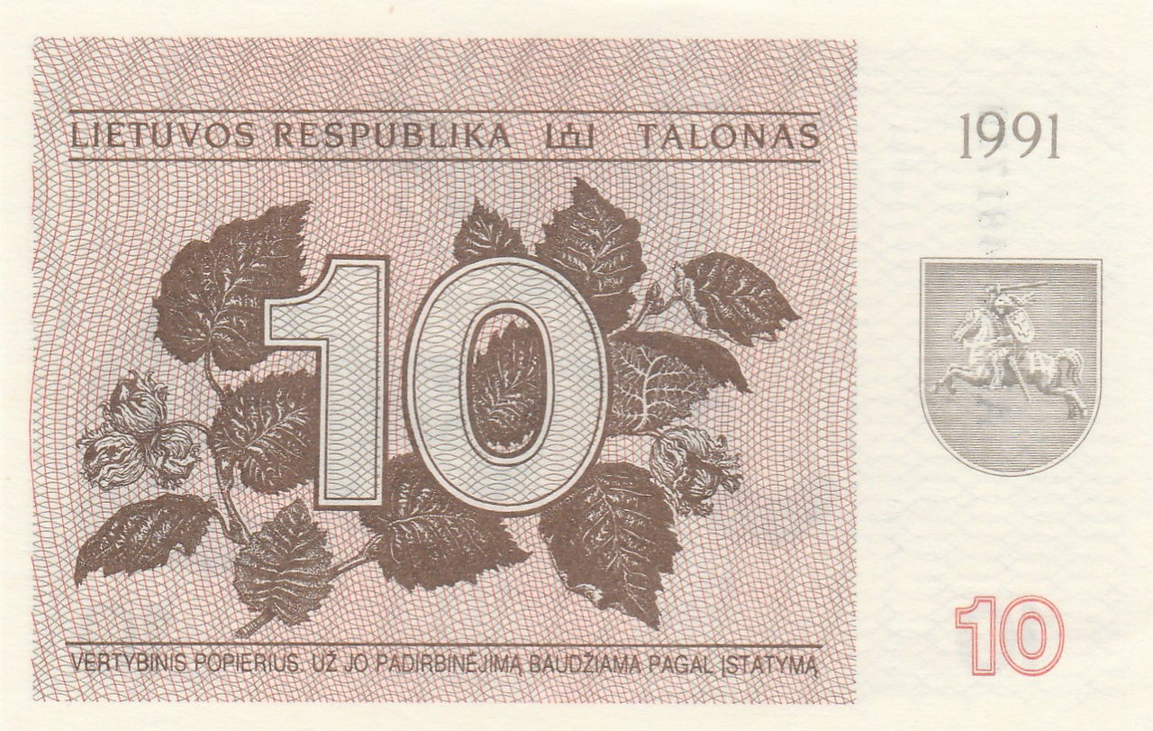 10 Talonas (Lithuania, 1991)- Reverse: Features a branch of Carpathian Walnut.