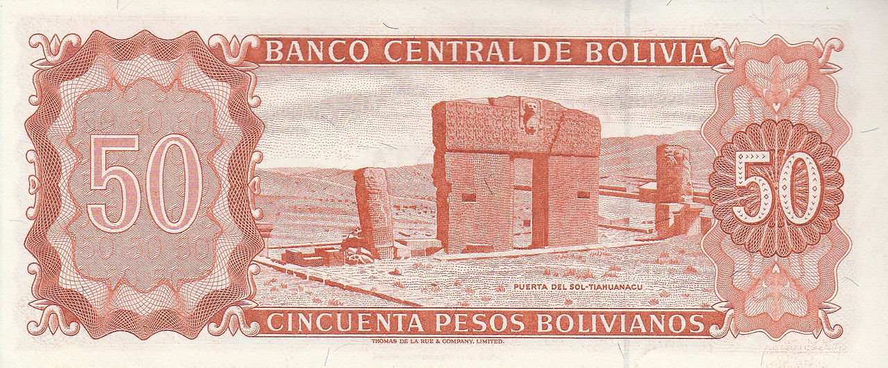 50 Pesos Bolivanos (Bolivia, 1962)-Reverse: The illustration depicts the Puerta del Sol (Gateway of the Sun), at Tiahuanaco. 