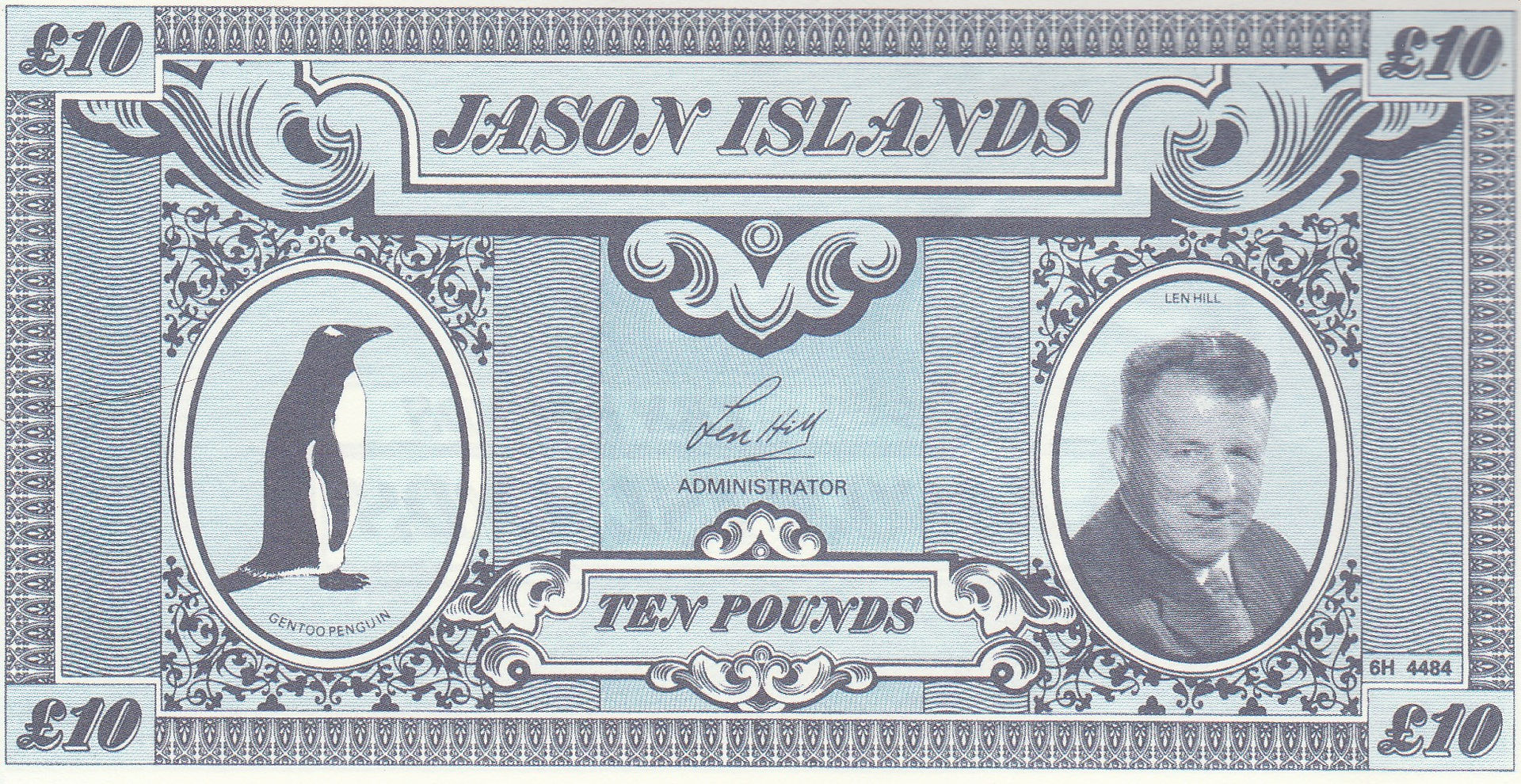 10 Pounds (Jason Islands, 1979)-Observe: Features an illustration of a Gentoo Penguin and a portrait of Len Hill. A wealthy naturalist who purchased the Jason Islands, as a penguin sanctuary.