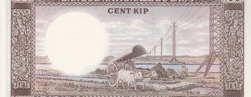 100 Kip (Laos, 1974)-Reverse: Depicts a cart driven by a pair of Asian Water Buffalo.
