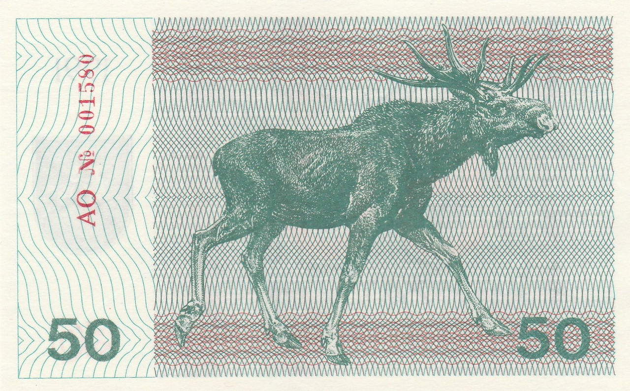 50 Talonas (Lithuania, 1991)- Observe: Depicts a European Elk (Moose), a species common throughout Scandinavia and parts of the former Soviet Union.