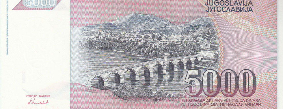 The reverse of the 1991 5000 Dinara, depicts the Mehmed Paša Sokolović Bridge, over the river Drina.