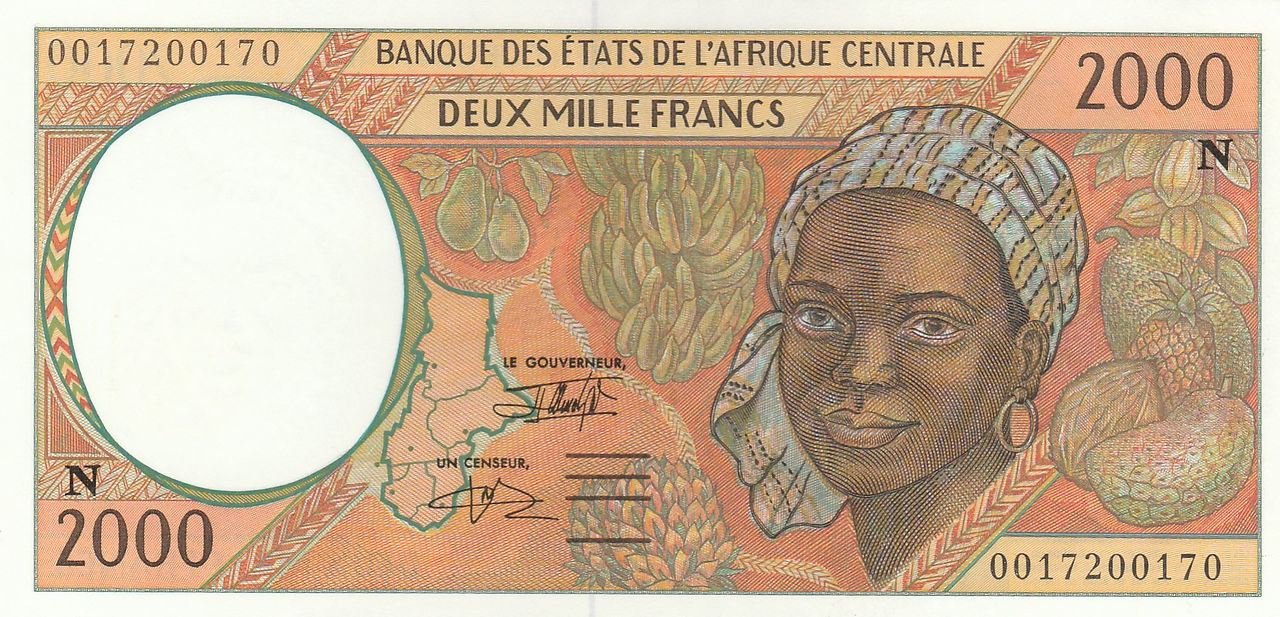 2,000 Francs (Equatorial Guinea, 2000)-Observe: Features a woman, backed by various tropical fruit.