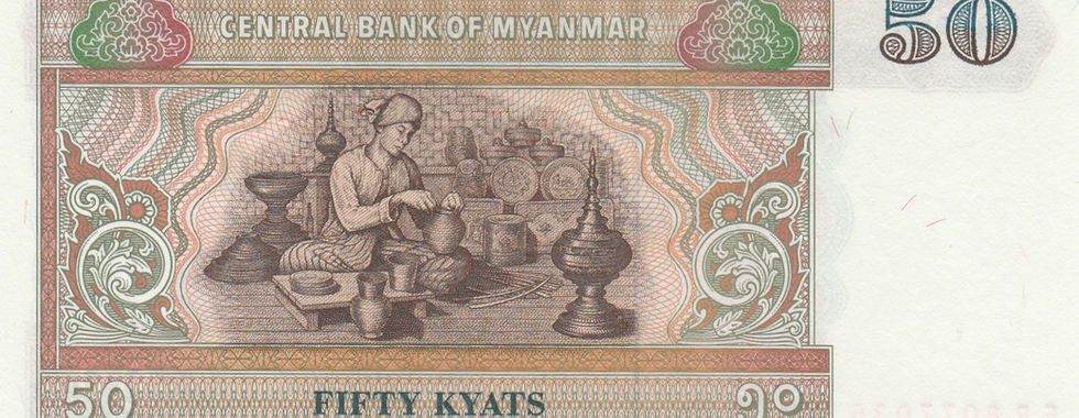 50 Kyats (Myanmar, 1997)-Reverse: Depicts a Burmese artisan creating traditional lacquerware.