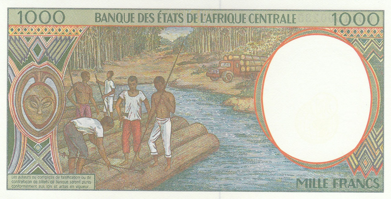 1,000 Francs (Equatorial Guinea, 2000)-Reverse: Depicts loggers on a Okonma wood raft, to the left is a Bakele mask.