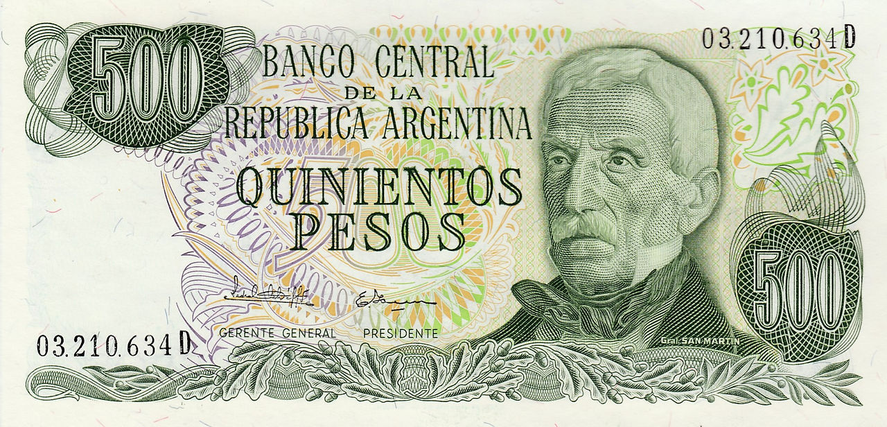 500 Pesos (Argentina,1977)-Observe: Features a portrait of General Jose de San Martín (1778-1850). Also known as “El Libertador of Argentina, Chile and Peru”.