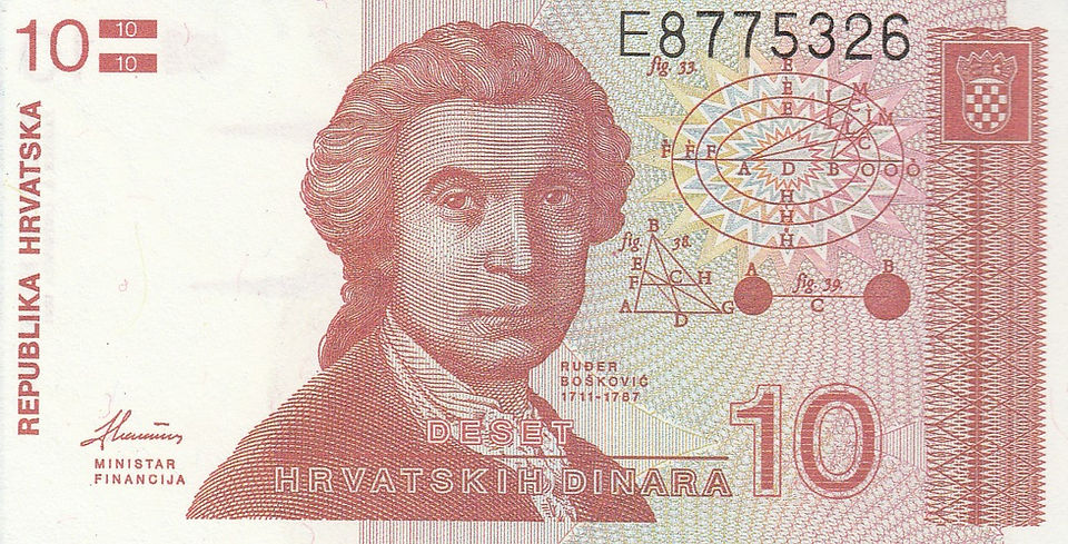 10 Dinara (Croatia, 1991)-Observe: Features a portrait of physicist and astronomer Ruđer Josip Bošković.