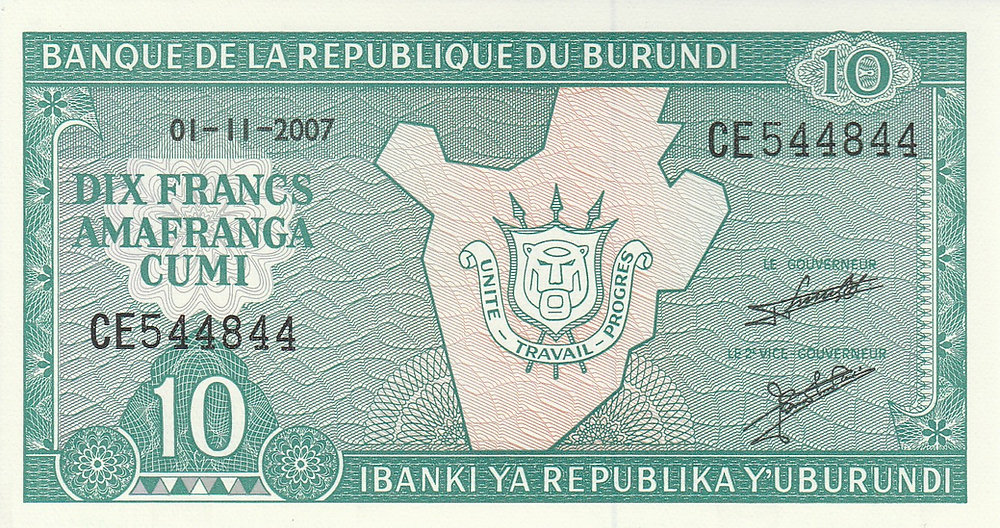 The Rift Republic Small Notes Of The Great Rift Republic #1: 10 Francs (Burundi, 2007 ...